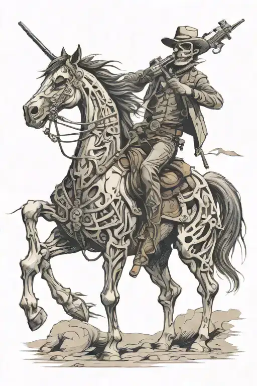 Western Skeleton With A Gun And A Horse Riding In The Plains