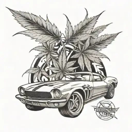 A Detailed Black And Grey Tattoo Of A Cannabis Leaf Morphing Into A Sports Car