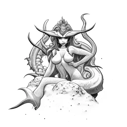Sexy Siren Sitting On Rock Lying On A Mountain Of Skulls