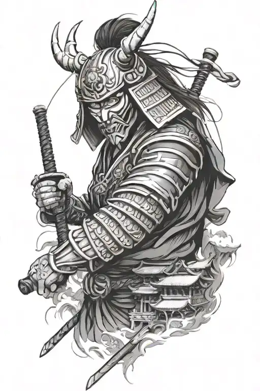 There Is A Japanese Samurai Wearing A Demon Mask Against The Background Of European Architecture