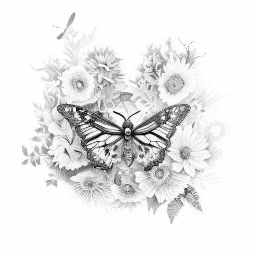 An Intricate Black And Grey Sketch Of A Forest With Flowers Blooming In The Shape Of A Butterfly