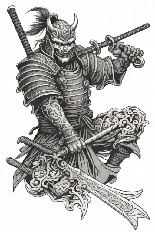 Japanese Samurai In A Demon Mask Against The Background Of Venice With A Big Sword