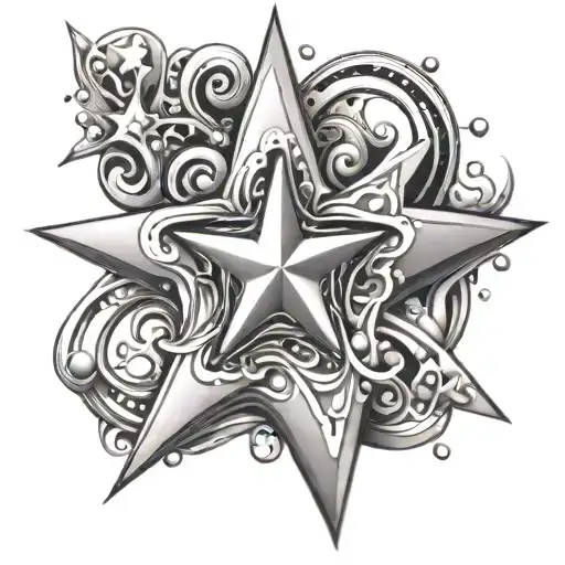 A Star Tatto With Abstract Elements And With Waterdrops And Flowing Water
