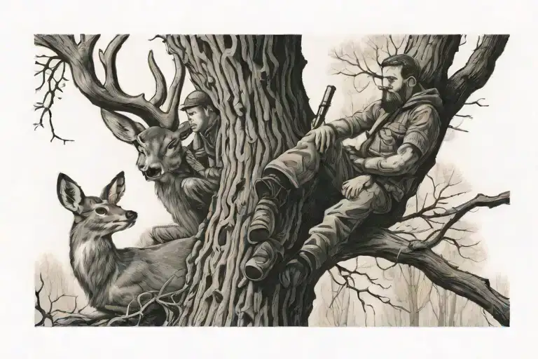 Father And Son Sitting In A Tree Stand Hunting With A Deer Underneath Them