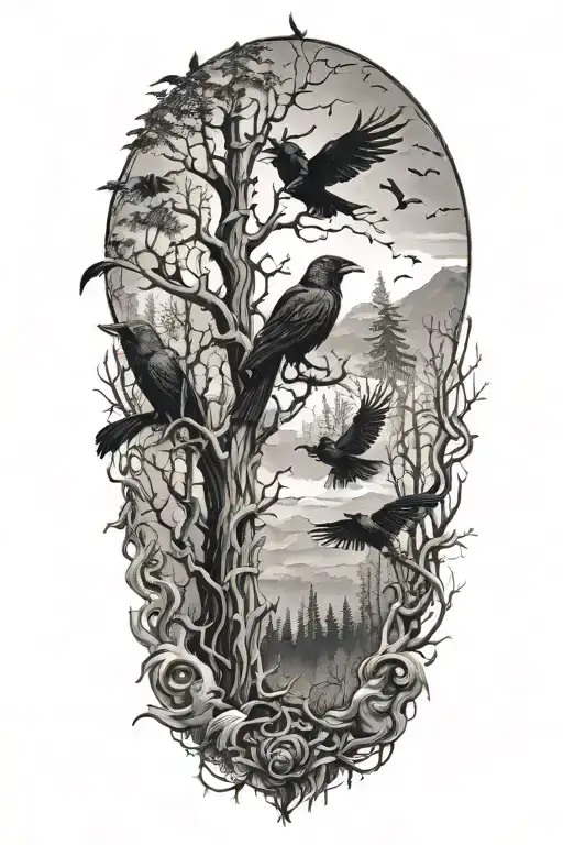 Haunted Forest Scene Featuring Crows Flying