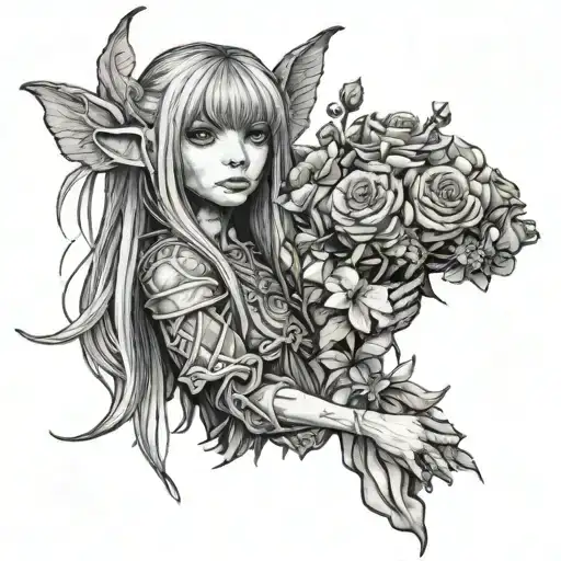 A Black-grey Tattoo Of Kirra From The Dark Crystal Holding A Bouquet Of Flowers