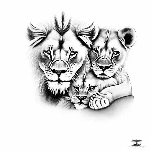 Lion Father With Two Lion Cubs