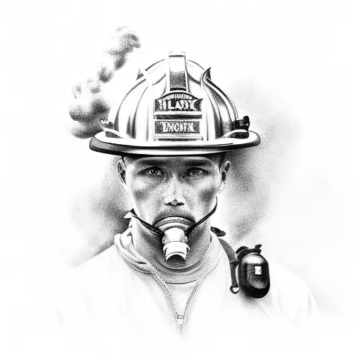 A Black-grey Portrait Of A Firefighter With A Determined Expression And Smoke Billowing Behind