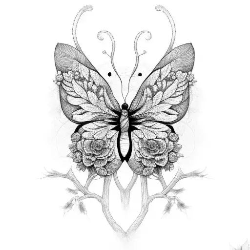 An Intricate Black And Grey Sketch Of A Forest With Flowers Blooming In The Shape Of A Butterfly