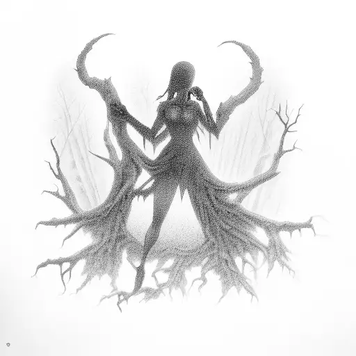 Sinister Silhouette Of Lilith Emerging From A Haunted Forest
