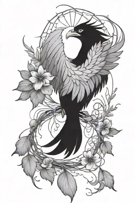 Small Majestic Phoenix Entangled In Dream Catcher Intertwined With Hibiscus