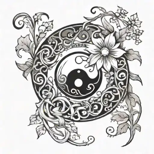 A Yin Yang Symbol Intertwined With Vines And Flowers