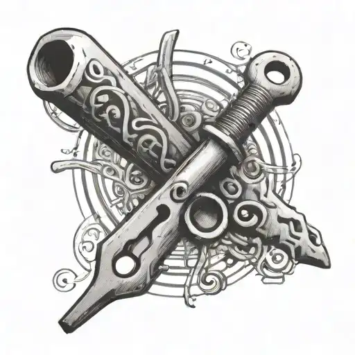 A Black And Grey Tattoo Of A Shearing Tool With Music Notes Intertwined