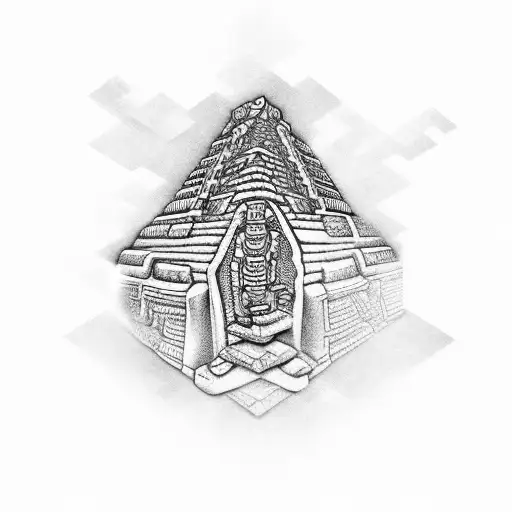 Mayan Structure With Belize Native Flower And Flag