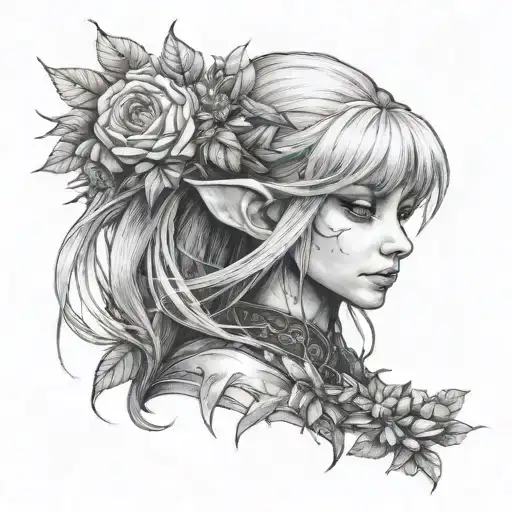 A Black-grey Tattoo Of Kirra From The Dark Crystal Holding A Bouquet Of Flowers