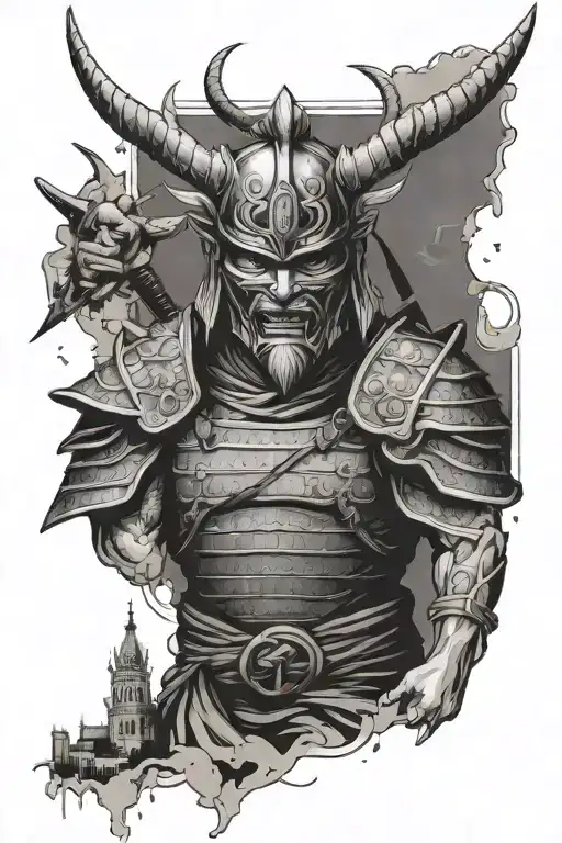 Samurai In A Demon Mask Against The Background Of The Leaning Tower Of Pisa