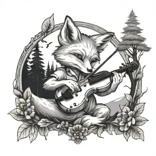 A Cute Fox Playing A Violin In A Mystical Forest Setting