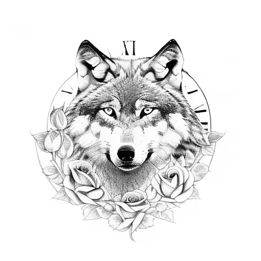 Wolf With Clock And Roses