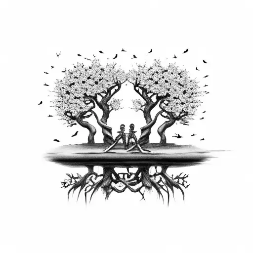 Two Skeleton Lovers Kissing Surrounded By Cherry Blossom Trees