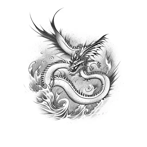 Japanese Dragon Flying With A Phoenix With Roses