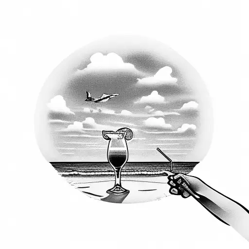A Majestic Beach Landscape With A Silhouette Of A Bartender Mixing Cocktails