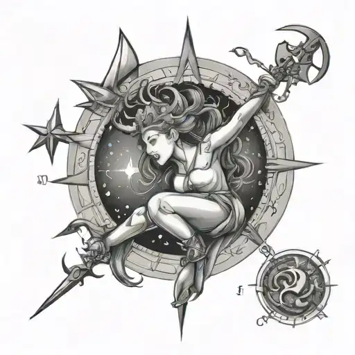 A Graceful Sagittarius Woman Surrounded By Celestial Symbols Like Stars And Moons