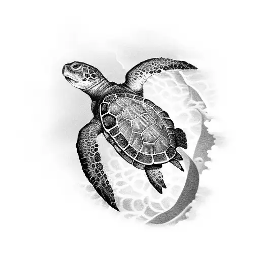 An Intricate Black And Grey Tattoo Of A Majestic Sea Turtle Swimming Through A Coral Reef