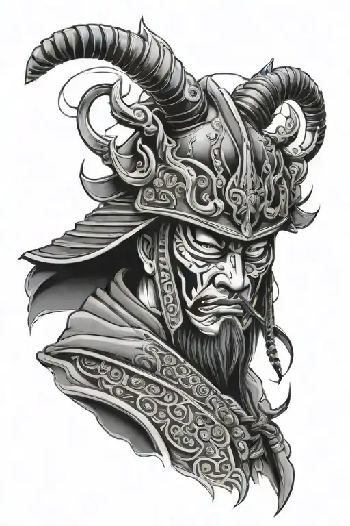 There Is A Japanese Samurai Wearing A Demon Mask Against The Background Of European Architecture