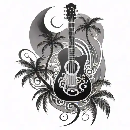 Guitar With Musical Notes Around It With Palm Tree And Moon