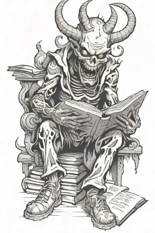A Demonic Figure Reading A Book Surrounded By Creepy Smiles