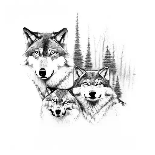 A Family Of Wolves In A Moonlit Forest