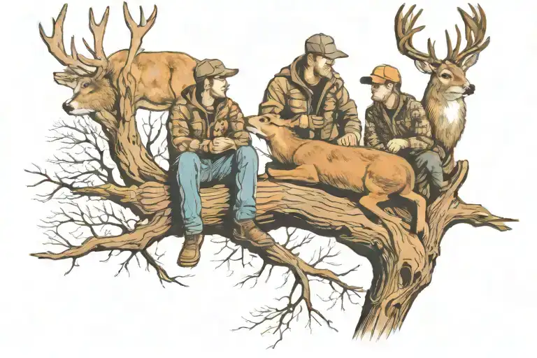 Father And Son Sitting In A Tree Stand Hunting With A Deer Underneath Them