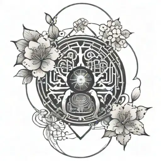 An Intricate Geometric Design Incorporating Japanese Cherry Blossoms And Alien Symbols