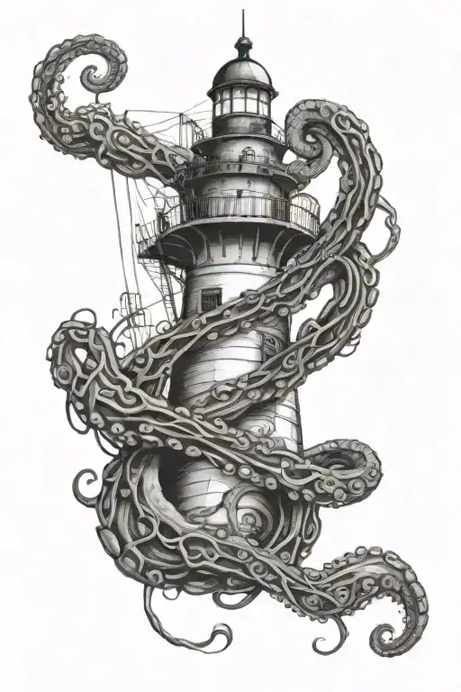 An Octopus Tangled In Fishing Lines With A Lighthouse In The Background