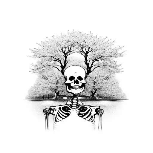 Two Skeleton Lovers Surrounded By Cherry Blossom Trees