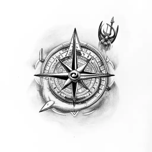 Poseidon With A Trident And An Old Ship Sinking Over A Compass With Mountain And 2 Eagles