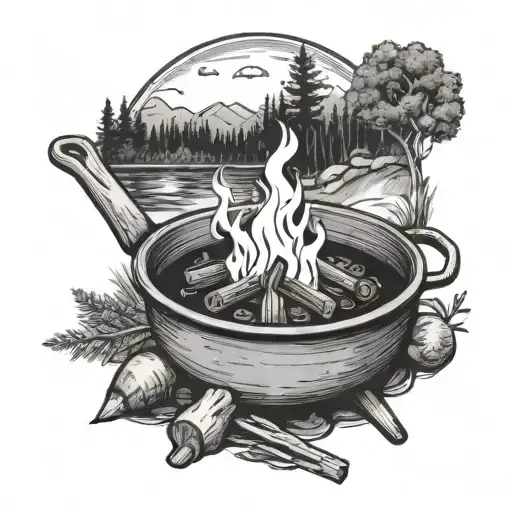 A Cozy Campfire Scene With A Pot Of Stew Cooking Over The Flames Surrounded By Nature Elements