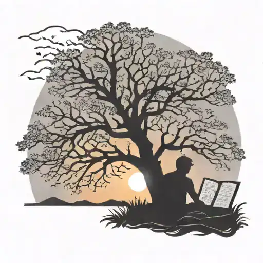 A Silhouette Of A Person Reading A Book Under A Tree With A Sunset In The Background