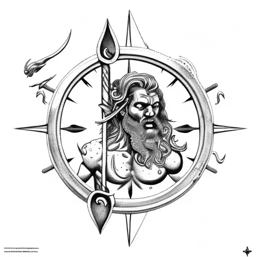 Poseidon With A Trident And An Old Ship Sinking Over A Compass