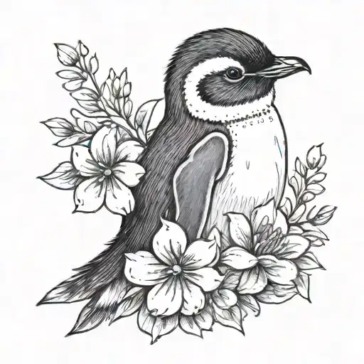 Baby Penguin And Flowers