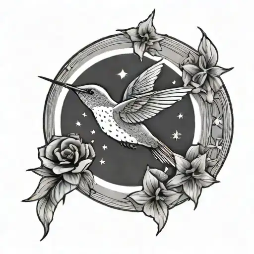 Black Circle With Flying Hummingbird And Stars In It