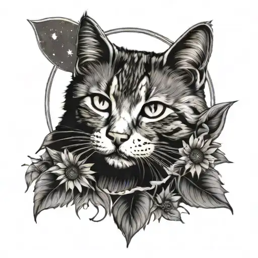 Sunflower And Starry Night Sky And Cat Sitting Alone