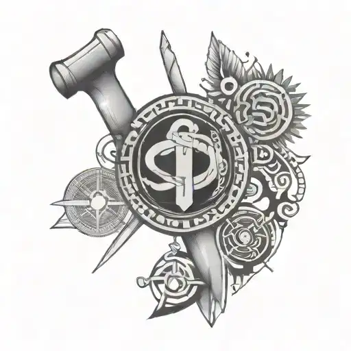 A Black And Grey Tattoo Of A Psychologist's Tools Of The Trade Mixed With Maori Symbols