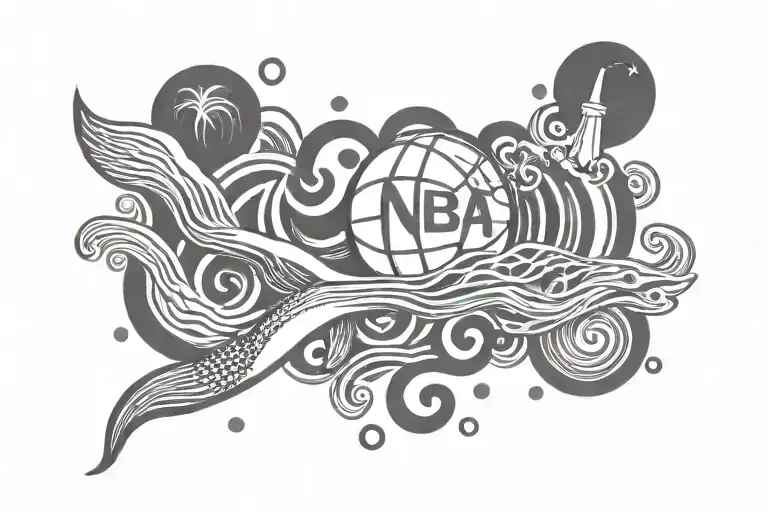 A Tattoo Of An Nba Logo Merged With Ocean Waves And Sea Animals