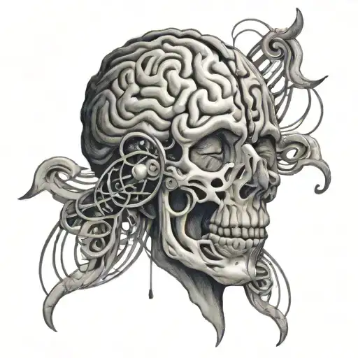 A Detailed Black And Grey Tattoo Of A Brain With Musical Notes Intertwining Throughout