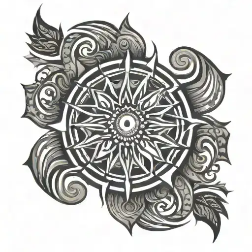A Black And Grey Tattoo Of A Stylized Tribal Sun With A Modern Twist
