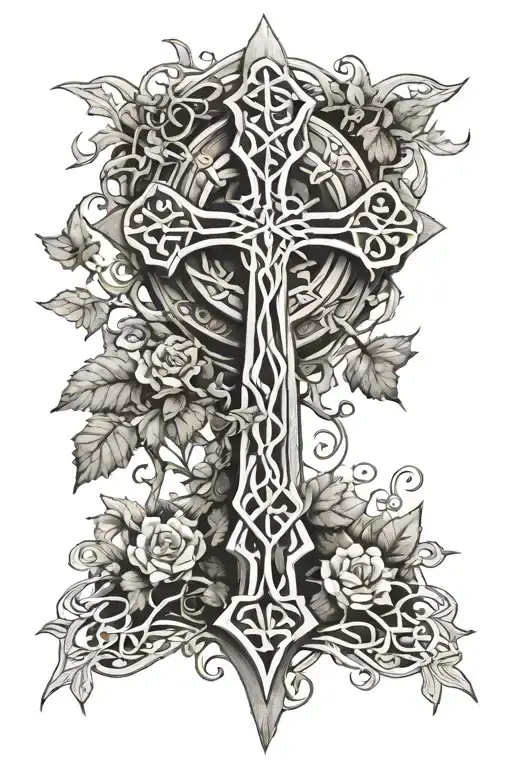 Stone Celtic Cross Ivy And Feathers