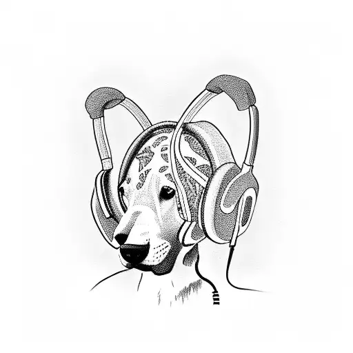 A Dotwork Tattoo Of A Dog Wearing Headphones And Listening To Music