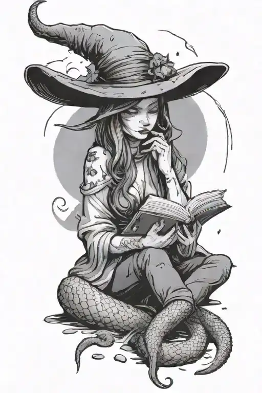 A Witch Reading A Book In The Rain With A Snake Wrapped Around Her