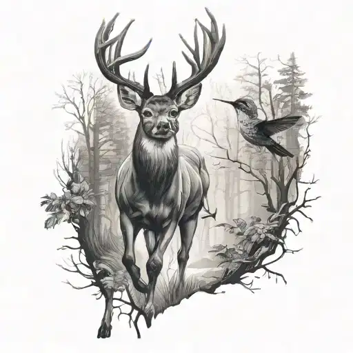 Deer Walking In A Woods With A Hummingbird Flying Behind It